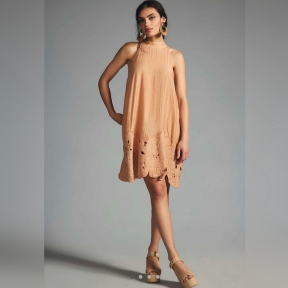 NWT By Anthropologie Floral Cutwork Halter Dress, Color: Peach, Size S - Picture 1 of 13